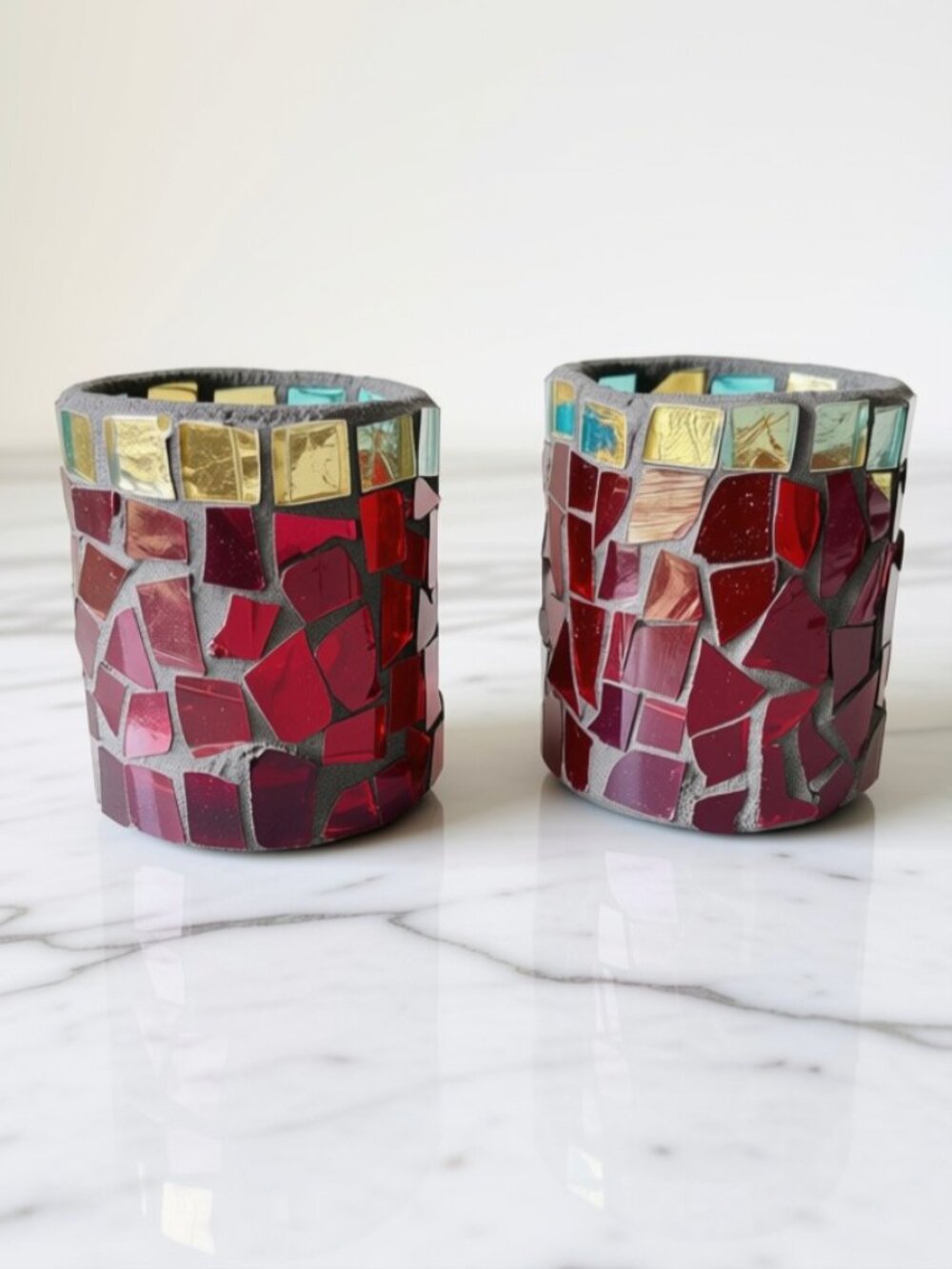 Set/2 Vintage Red Mosaic Votive Holders